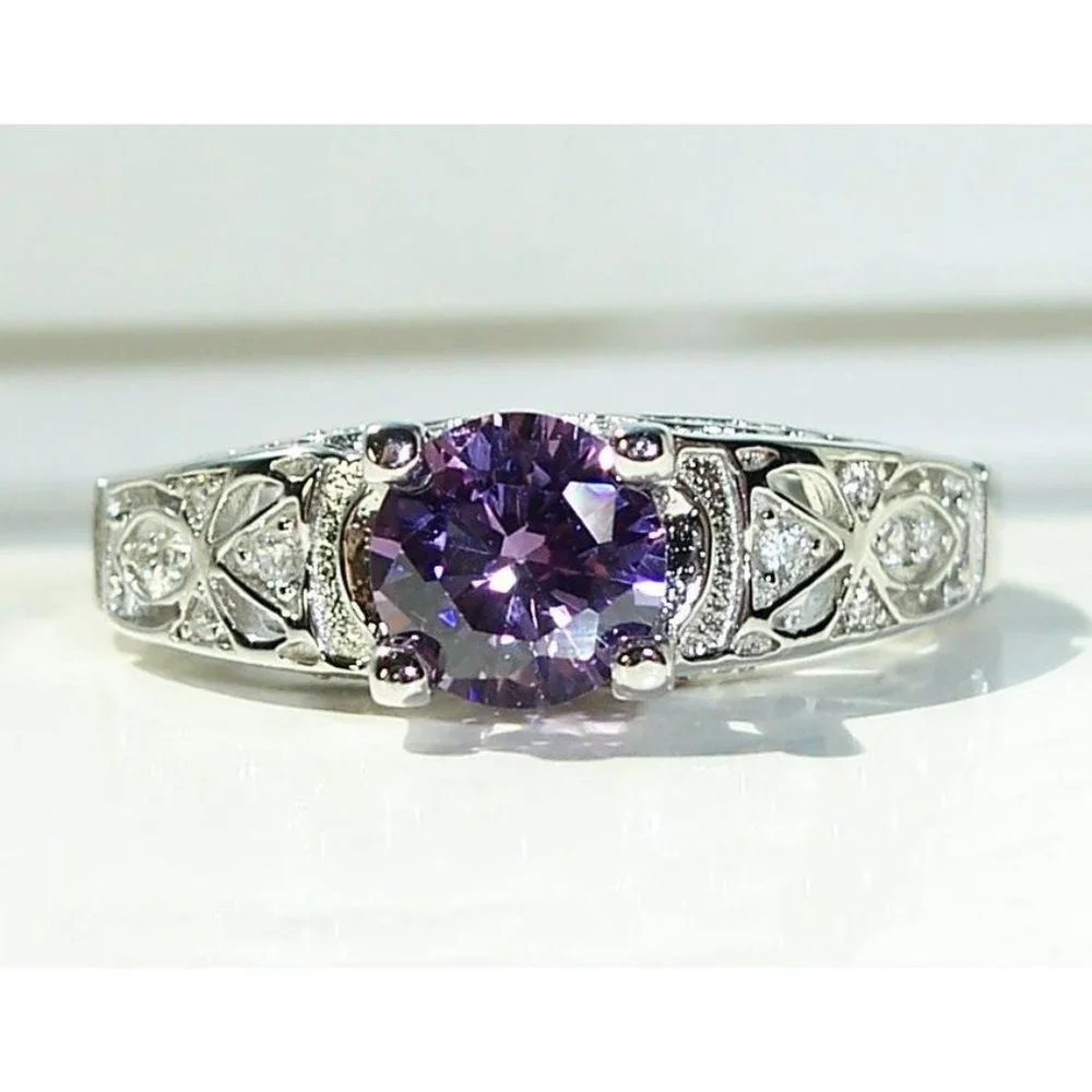 925 STERLING SILVER Round Cut Simulated Amethyst Cubic Zirconia Ring - Picture 12 of 16